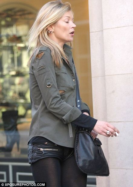 kate moss hot pants. Kate Moss braves the chill in a tiny pair of leather hotpants